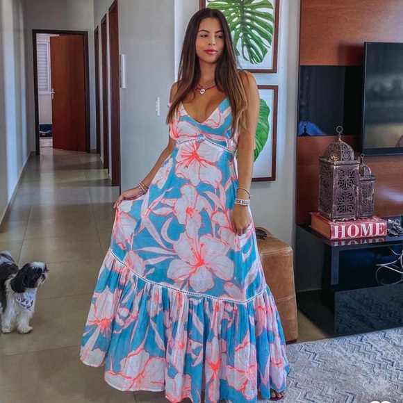 FARM Rio Dresses & Skirts - FARM Rio Blue Floral Maxi Dress with Coral Accents